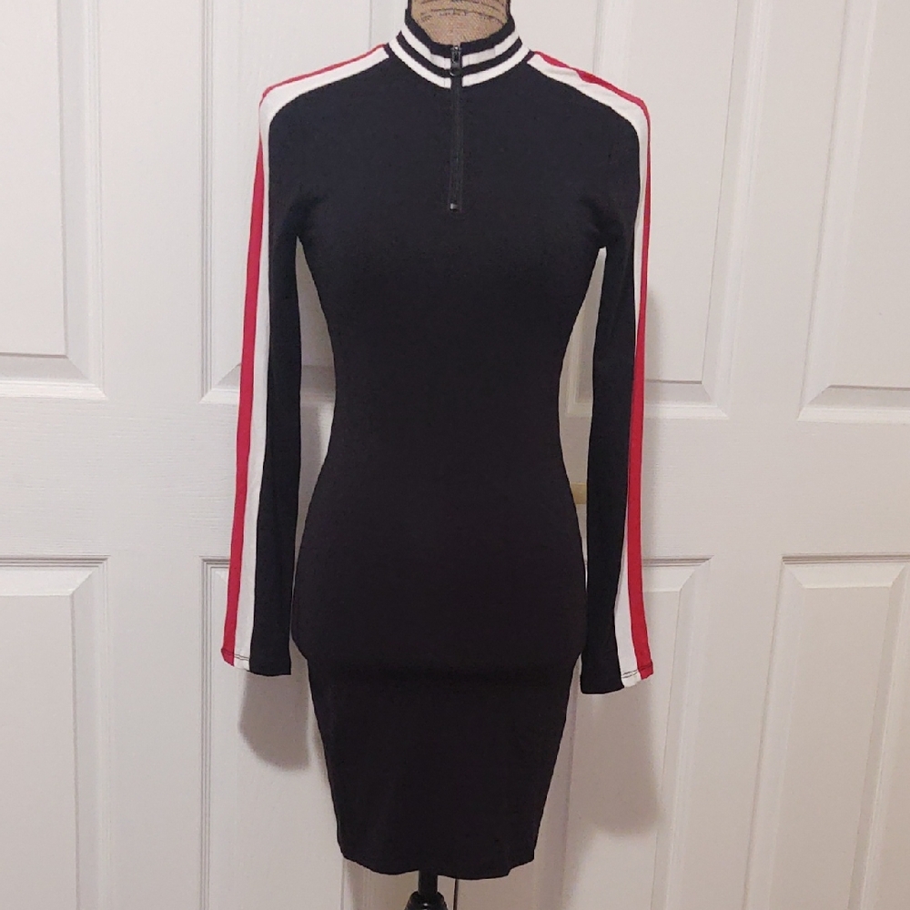 Chic Long Sleeve Black Dress with Red and White Stripes